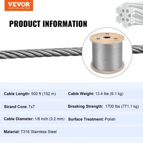 Vevor T316 Stainless Steel Cable 1/8" 7x7 500ft Railings & Balconies 316gss7x700000001v0