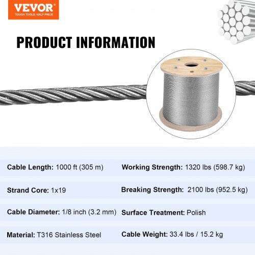 Vevor Stainless Steel Cable T316 3.2mm 300m 11.14kn Railing 316bxggss300m0001v0