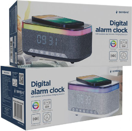 Gembird Επιτραπέζιο Ψηφιακό Ρολόι Πλαστικό με Ξυπνητήρι, Ραδιόφωνο & Ασύρματη Φόρτιση Λευκό DAC-SPKBT-QC15-GR