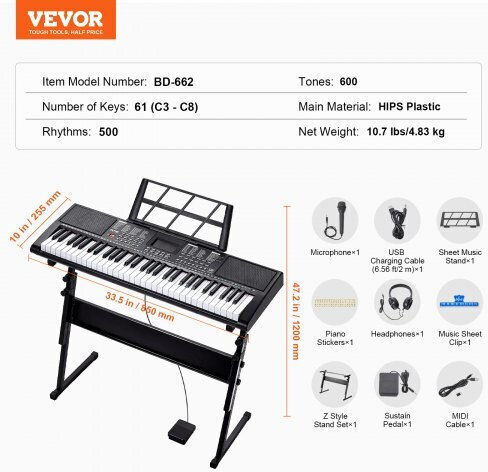 Vevor Αρμόνιο 61JBPZSMGQ619P9RUV9 με 61 Πλήκτρα με Βάση και Ακουστικά Μαύρο