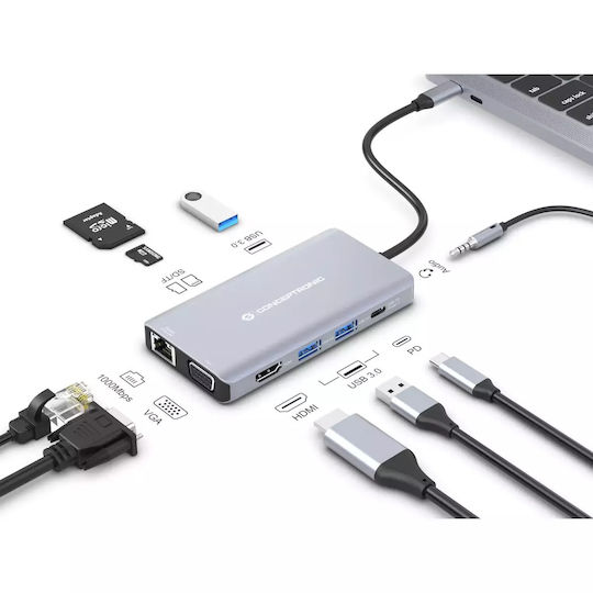 Conceptronic USB-C Докинг станция с HDMI 4K PD Етърнет Сив (DONN20G)