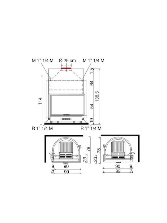 Edilkamin Acquatondo 29 Ενεργειακό Τζάκι Ξύλου Καλοριφέρ 28.1kW Δεξιά Γωνία με Συρόμενη Πόρτα Ανοιχτού Δοχείου