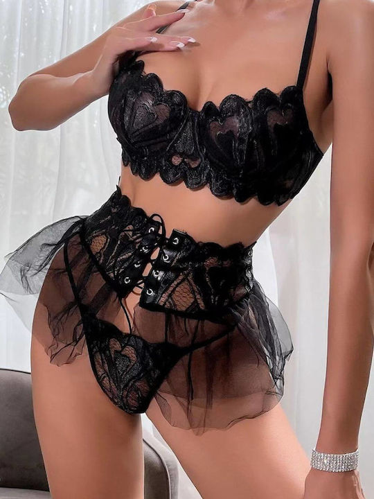 Senses Комплект Дамско Бельо Сутиени с Прашка Black