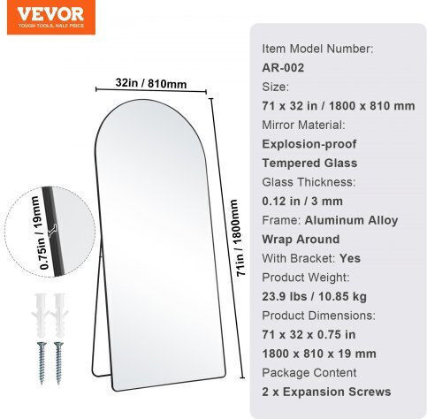 Vevor Gewölbter Boden- oder Standspiegel mit Schwarzem Aluminium Rahmen 180,3x81,3cm