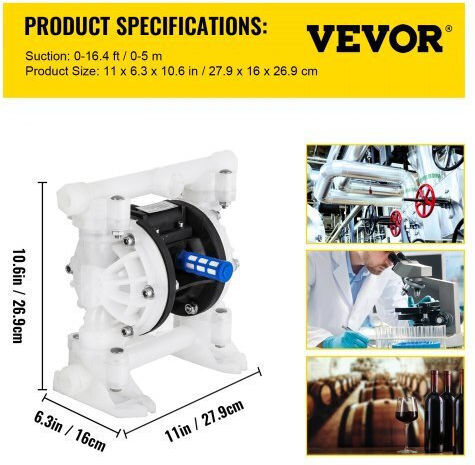 Vevor Air Diaphragm Pump 7gpm 100psi Polypropylene 1/2" Inlet & Outlet Ybgmbqby4-1500001v0