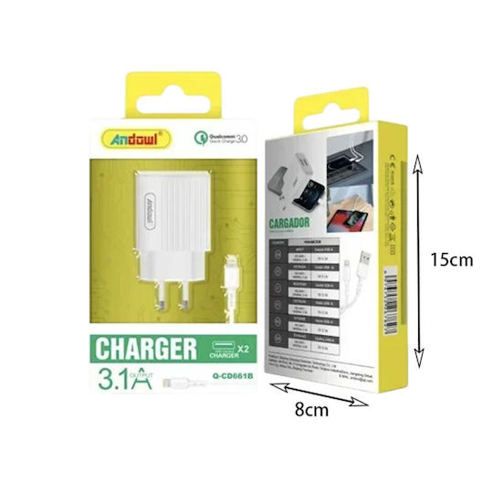 Andowl Charger with 2 USB-A Ports and Cable Lightning Whites (Q-CD661B)
