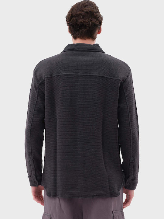 Long-sleeved Cotton Shirt in Wide Line Washed Black