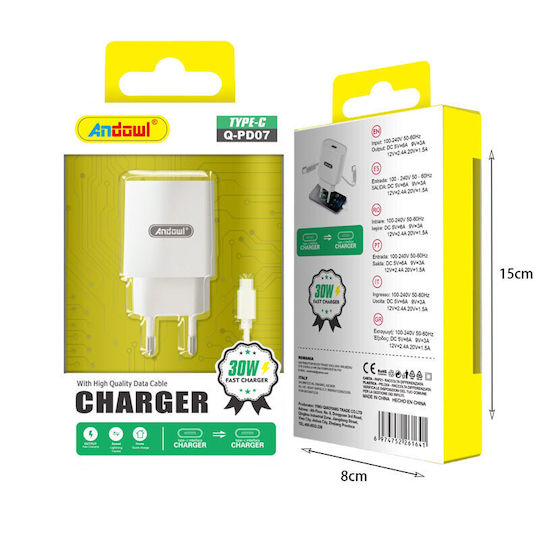 Andowl Charger with USB-C Port and Cable USB-C - USB-C 30W Whites (Q-PD07)
