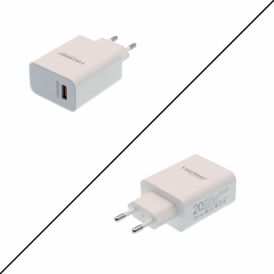 Takemore Charger with USB-A Port and Cable micro USB 20W Quick Charge 3.0 Whites (A2420A)