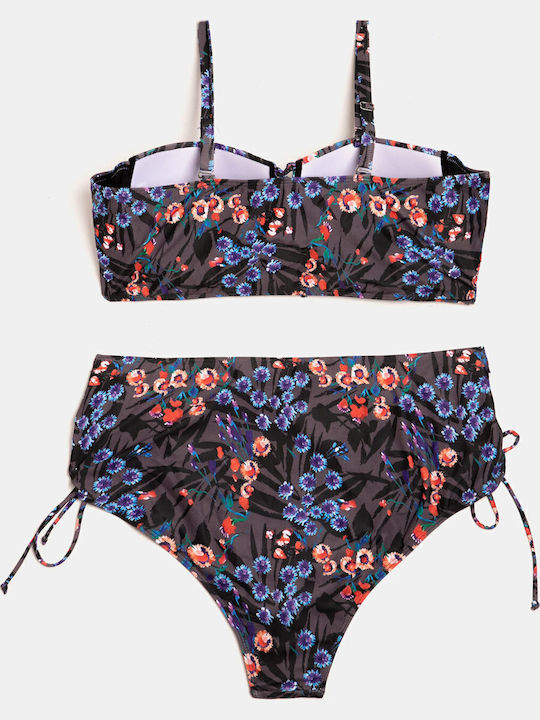 Set Bikini Floral cu Talie Înaltă și Sârmă, Mărime Mare, Gri Gri Set Bikini Floral cu Talie Înaltă și Sârmă, Mărime Mare, Gri Gri
