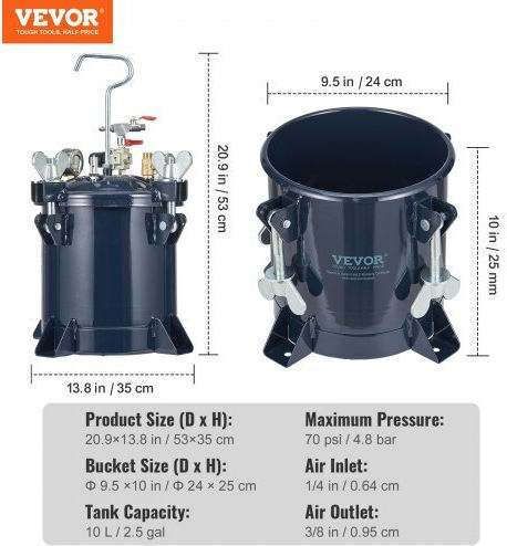 Rezervor de Presiune pentru Vopsea Vevor 10L/2.5Gal 70psi Max Pqtbdox10ldhobyecv0