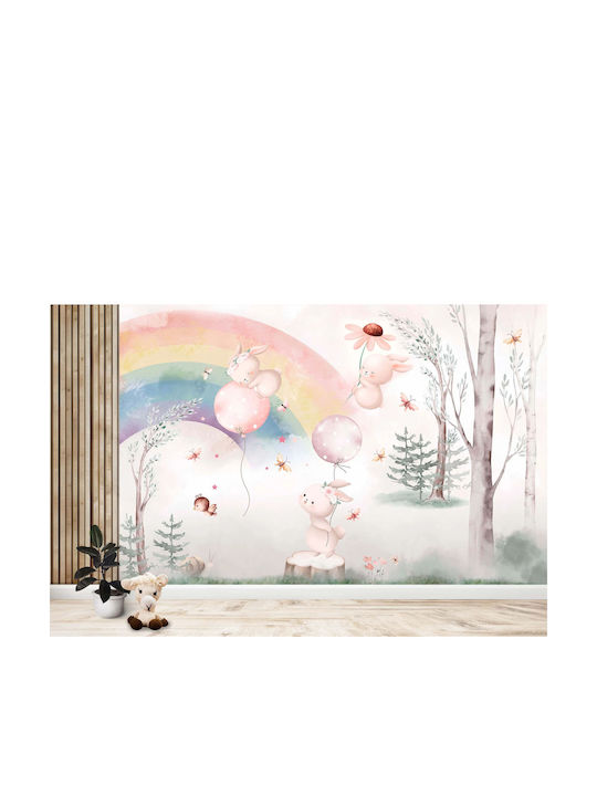 Tapet Pastel Cameră Copii Iepurași Fericiți Curcubeu 197x296