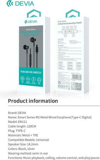 Devia Metal EM113 In-ear Handsfree Headphones with Connector USB-C Silver