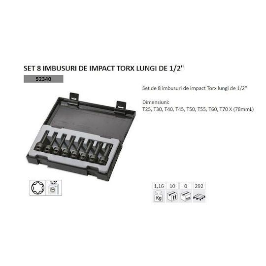 JBM Priza Cheie tubulară Pneumatic - Pneumatic cu Vârf Torx și Patrat de Prindere 1/2'' Dimensiune T25 / T30 / T40 / T45 / T50 / T55 / T60 / T70 1buc