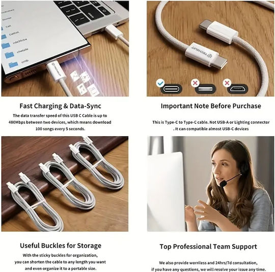 Techsuit Pcb114d Редовна USB 2.0 Кабел USB-C мъжки - USB-C мъжки 60W Розов 1м