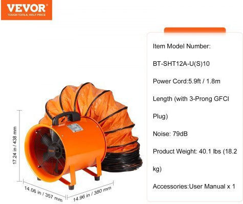 Portable Ventilator Vevor 304.8mm 10m Hose Industrial Use Bxs550w1012in2yw8v2