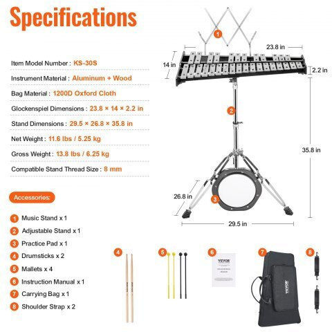 30-Note Glockenspiel Set with Stand & Pad Vevor 30yfzqwzj8lxx4bjcv0
