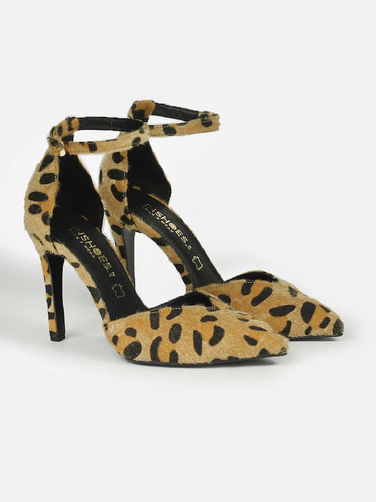 InShoes Leather Pointed Toe Leopard Heels with Strap Animal Print