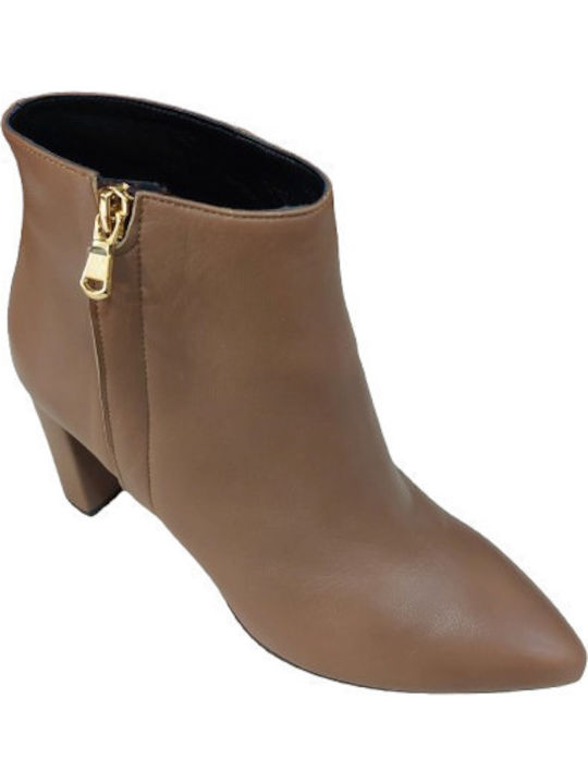Leather Women's Ankle Boots with High Heel Caramel