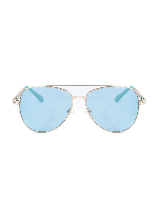 Guess Men's Sunglasses with Gold Metal Frame and Light Blue Lens GF0356 32V