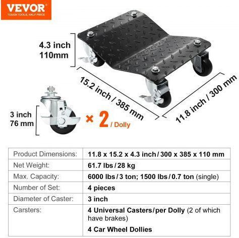 Vevor Set of 4 Heavy Duty Car Dollies 6000lb Naslsby415002sz5tv0