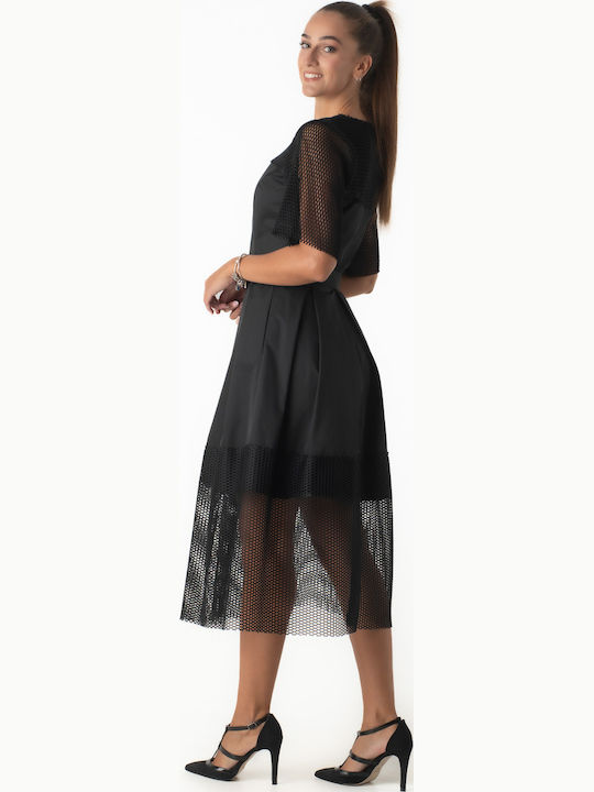 Midi Evening Dress with Mesh Black