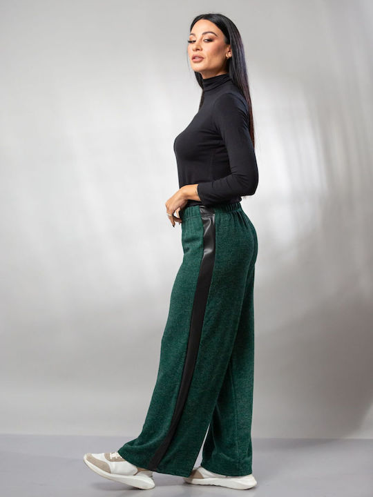 Women's High-waisted Fabric Trousers with Elastic in Slim Fit Green