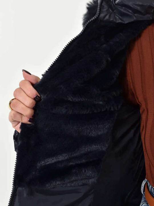 Lungă Jachetă de femei Puffer cu glugă de blană Dark Blue