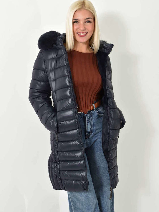 Lungă Jachetă de femei Puffer cu glugă de blană Dark Blue