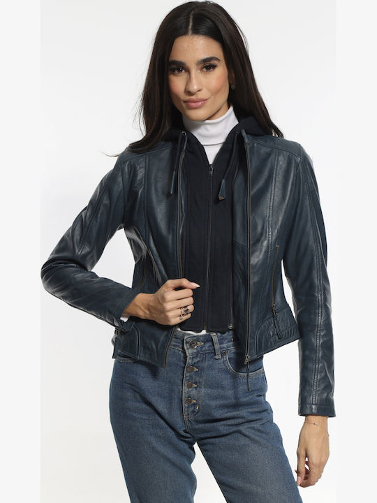 Women's Crop Lifestyle Leather Jacket for Winter with Detachable Hood Blue