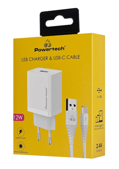 Powertech Φορτιστής με Θύρα USB-A και Καλώδιο USB-C 12W Λευκός (PT-1322)