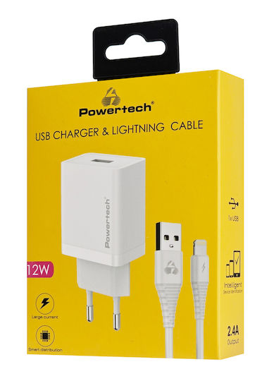 Powertech Charger with USB-A Port and Cable Lightning 12W Whites (PT-1323)