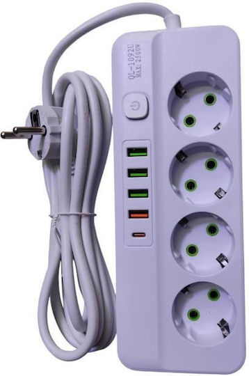 Захранваща лента 4 Позиции с 4 USB-A, 1 USB-C и Кабел 3м