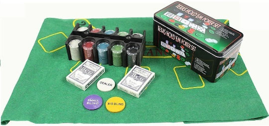Σετ 200 Μάρκες Poker σε Μεταλλικό Κουτί με 2 Τράπουλες και Τσόχα