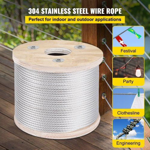 Vevor Stainless Steel Cable 304 3/16" 7x19 250ft Railings & Balconies Gss7x19-4.8mm76m1v0