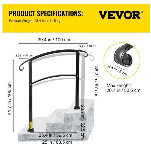 Vevor 3-Step Iron Railing Black Outdoor Use Ltfs3bhslg0000001v0