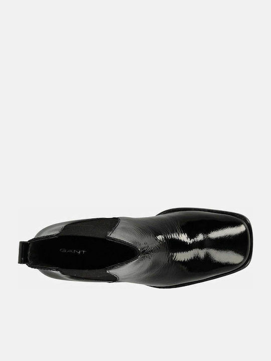 Gwenety Damen Chelsea Stiefeletten aus Lackleder mit mittlerem Absatz Schwarz