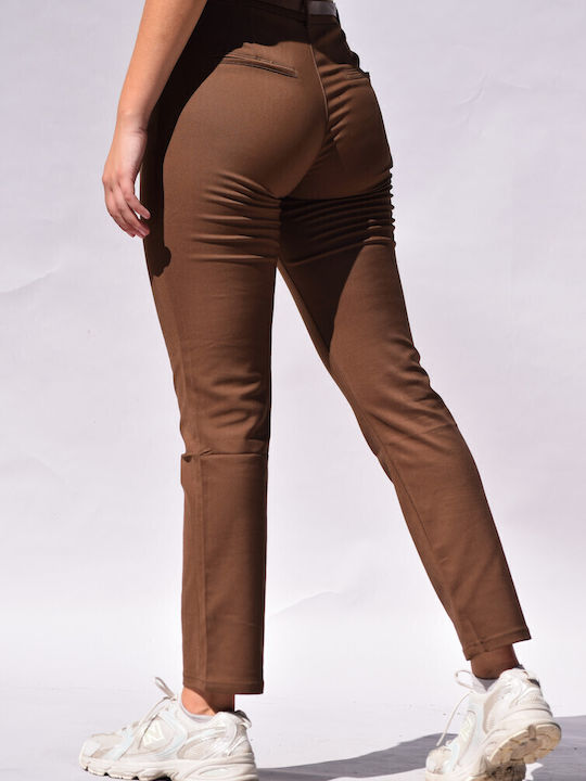 Damen Hoch tailliert Stoff Hose Coffee