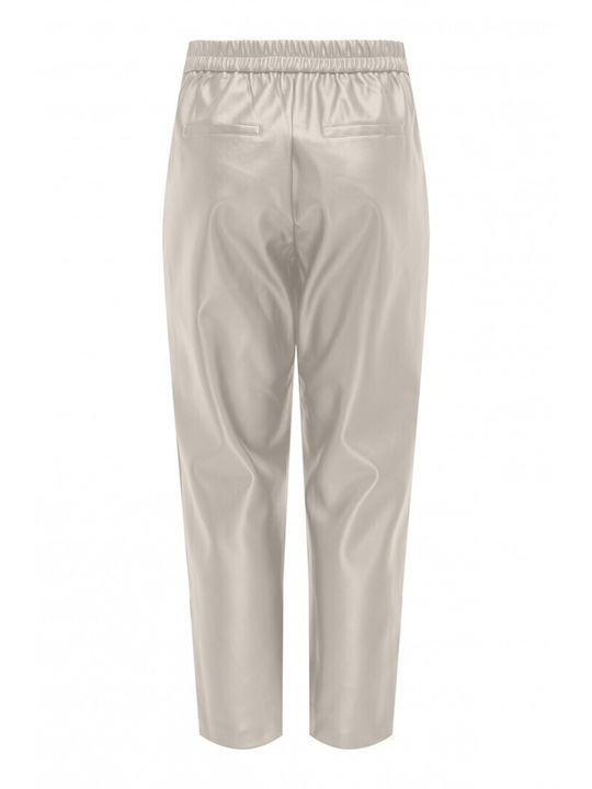 Only Women's High-waisted Leather Trousers with Elastic Ecru