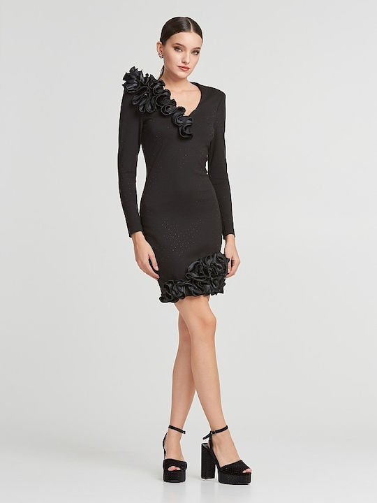 Mini Evening Satin Dress with Ruffles Black