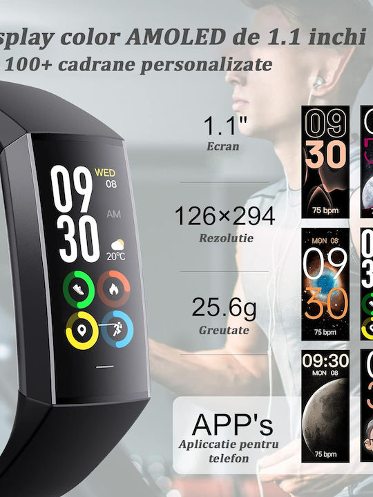 Brățară Fitness 1.1 Inch Ecran Amoled Vichematech Android Ios Full Touch Încărcare Magnetică Bluetooth Rezistentă la Apă Ip67 Notificări Apeluri Sms Aplicație Multiple Moduri Sport Monitorizare