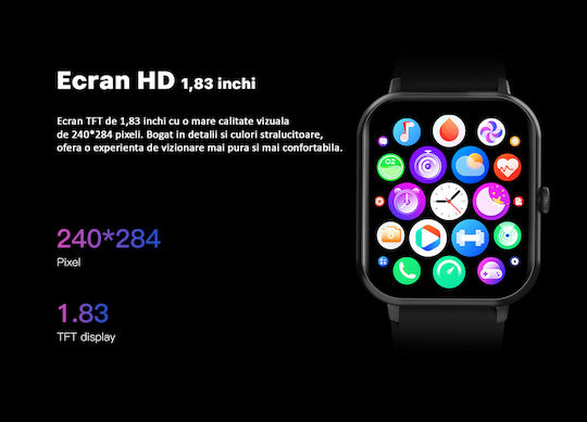 Brățară Fitness Smartwatch Vichema Tech, Ecran Tactil Complet 1.83ʺ HD, Sunet 3D, Apel Bluetooth, Asistent Vocal, IP67, Jocuri, Notificări Aplicații, Monitorizare Sănătate Sportivă, Peste 100 de Moduri