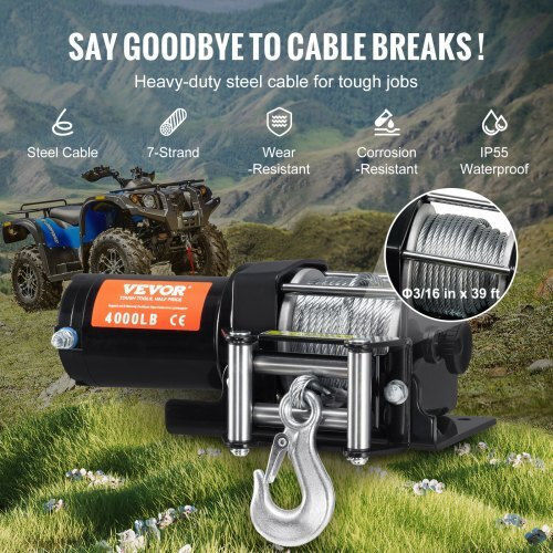 Electric Winch Vevor 4000 Lb Steel Cable Ip55 Waterproof Remote Control Atvgssjpyxwxejrpbv9