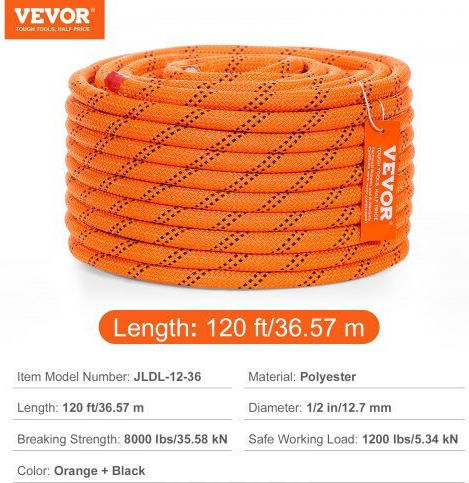 Vevor Tree Climbing Rope 1/2" X 120' Hcclsdl12incmegkyv0