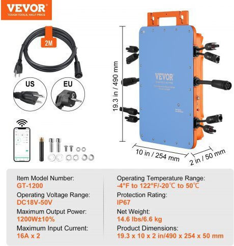 Vevor Ηλιακός Μικρομετατροπέας Δικτύου 1200w Αδιάβροχος Ip67 App Wifi Ip67wxbwnbq1t6bl4v2