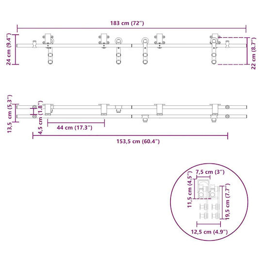 vidaXL Sliding Door Mechanism for Middle Door 183cm Silver