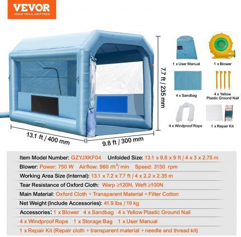 Vevor Aufblasbare Spritzkabine Vevor 4x3x2,7m Gebläse 750W Luftfilter C13109ft3750wiiebv2
