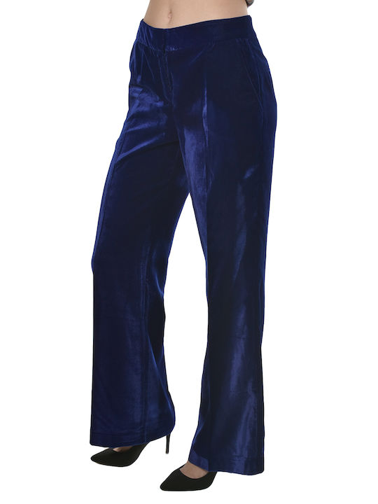 MY T Women's Velvet Trousers in Straight Line Blue