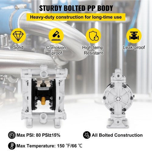 Air-Operated Double Diaphragm Pump Vevor 1/2" Polypropylene 2.5 Gpm 80 Psi PTFE Oil & Low Viscosity Fluids Ybgmbqby-15pp0001v0