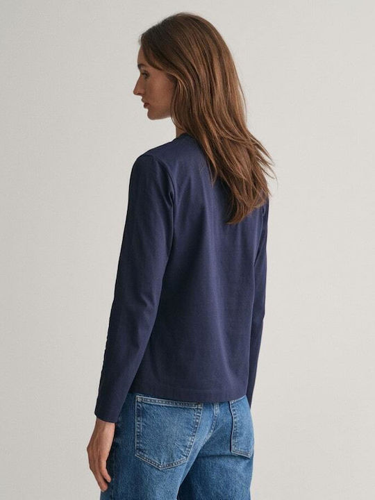 Women's Blouse Cotton Long Sleeve with V Neckline Navy Blue